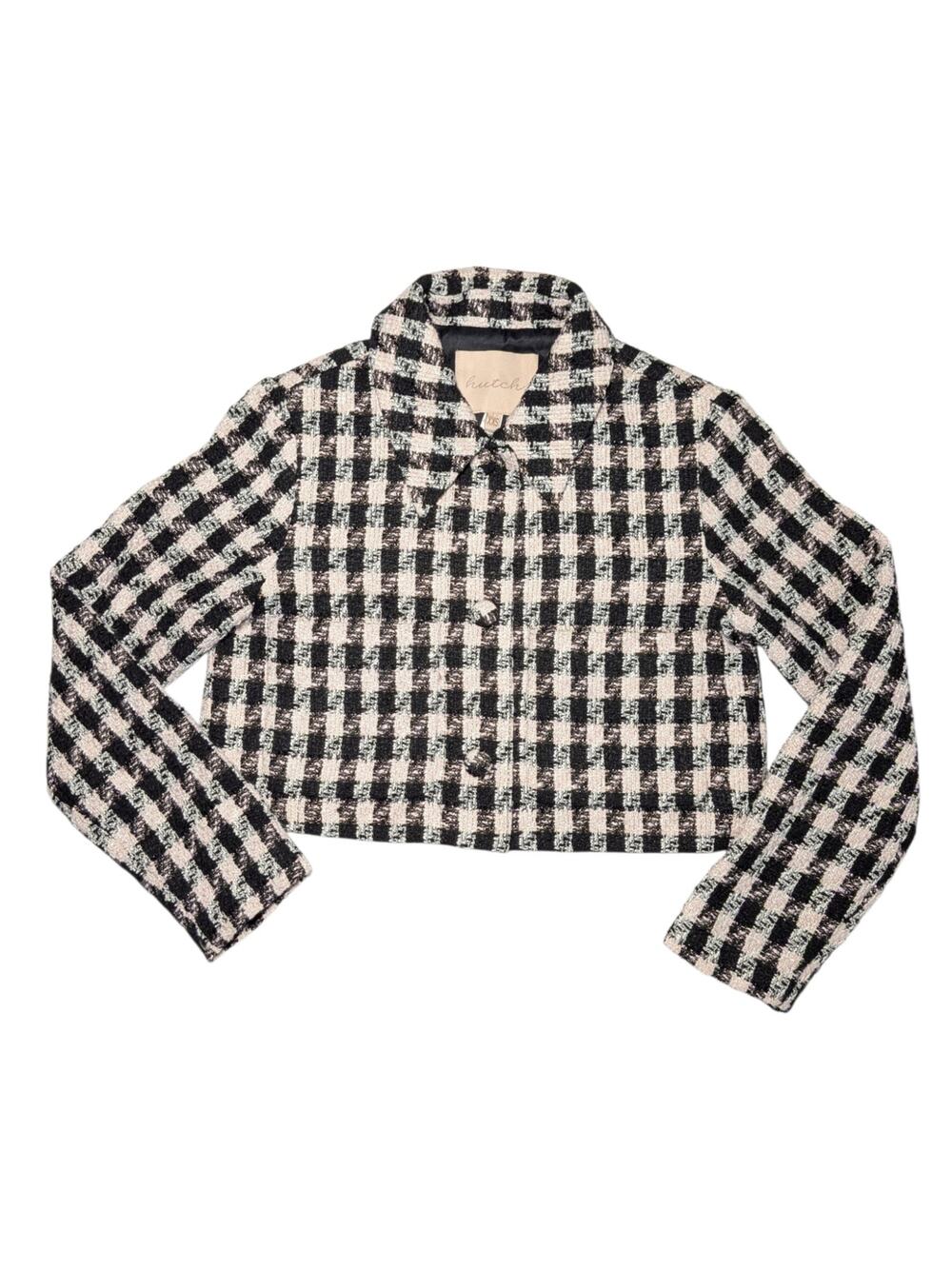 Hutch x Anthropologie Pink & Black Gingham Tweed Cropped Jacket Women's Size XXS